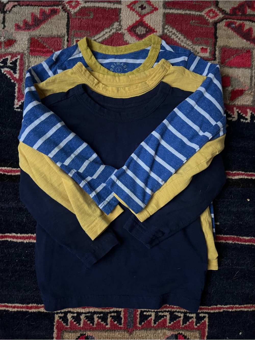 Primary Kids Long-Sleeve Tee Set of 3 - Navy, Blue Stripe & Mustard